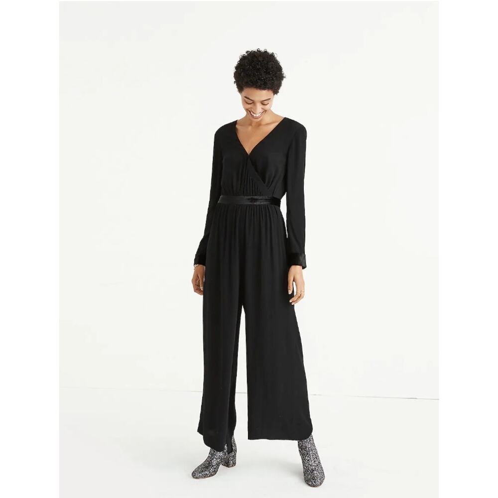 Madewell Velvet-Trimmed Tie Jumpsuit Black Size? 2/4 XS Small $168 Wide Leg Crop